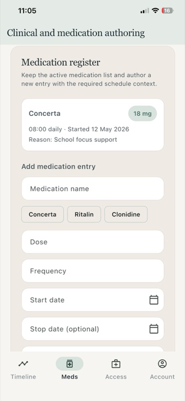 The Recess medication register used by clinicians. Shows active medications with dose, schedule, and reason, plus a structured add-medication form.