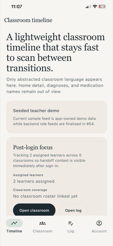 The Recess classroom timeline view used by teachers. Only abstracted classroom language appears; home detail, diagnoses, and medication names remain out of view.